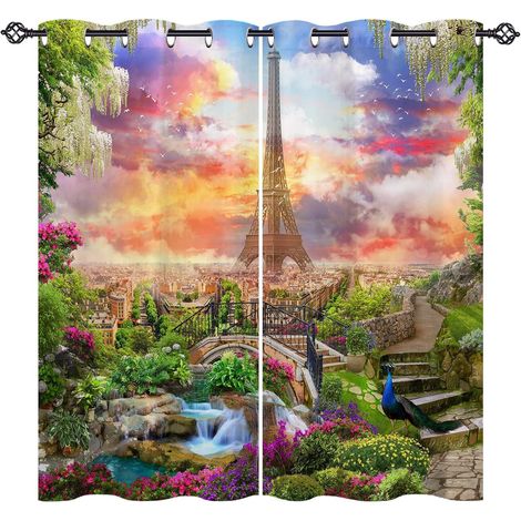 Rideau Occultant Paris Tour Eiffel Paon Fleur Rideau Thermique Isolant Tenture Opaque à Oeillets Draperies Intérieurs pour Maison Chambre Salon 2 Panneaux L 117 x H 138 cm - 117L X 138H cm (2 Panneaux (1/5)
