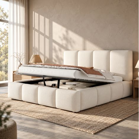 MODFU – Cama con arcón 180x200 cm de bouclé con arcón hidráulico, somier de láminas, cabecero acolchado y carga 220 kg – Blanco (1/5)