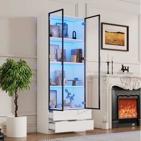 Vitrina con LED (80x34x200 cm), 2 puertas de vidrio, 2 cajones, MDF y vidrio templado blanco (1/5)