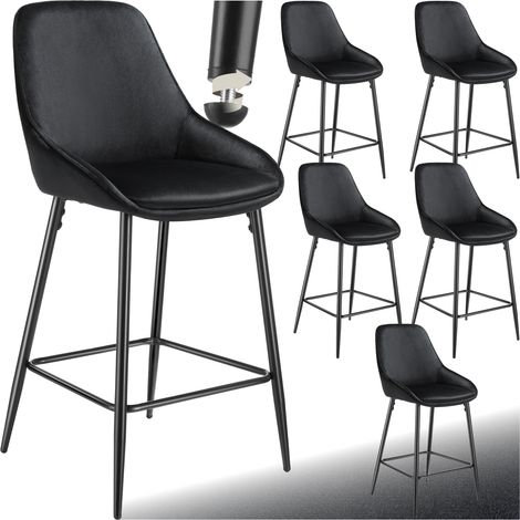Lot 6 chaises de bar dossier aspect velours et repose-pieds noir (1/5)