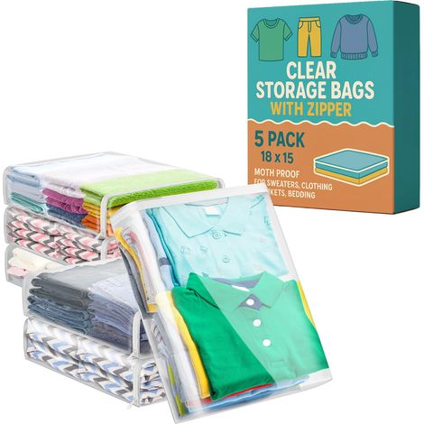 5 sacs de rangement pour vêtements, tricot, anti-mites, de couverture avec fermeture éclair, en plastique transparent, pour draps de lit, literie, couette, bébé, vêtements, vinyle, 45 x 38 x 10 cm (1/5)
