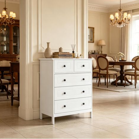 Commode 5 tiroirs blanche avec rangement, meuble compact en MDF et panneau de particules, pour chambre, entrée ou cuisine, style moderne - CHICFURN (1/5)