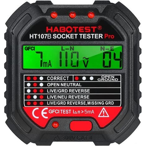 Tester per prese con test RCD e spie luminose, tester per circuiti elettrici, 6 tipi di diagnosi degli errori, rilevatore automatico di tensione, polarità e corrente, CAT II 300V (1/5)