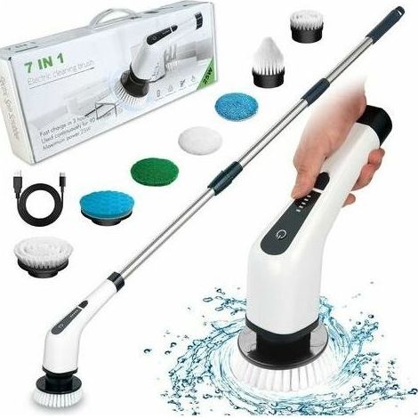 Cordless electric cleaning brush – 7 interchangeable heads – Adjustable handle 25-140 cm – For cleaning bathrooms, kitchens, and cars (1/5)