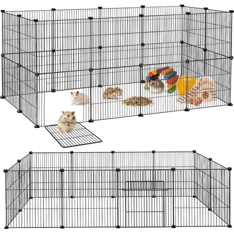Lot de 24 Panneaux Enclos Petit Animal Avec Porte Métal Plastique ABS Intérieur Extérieur Noir