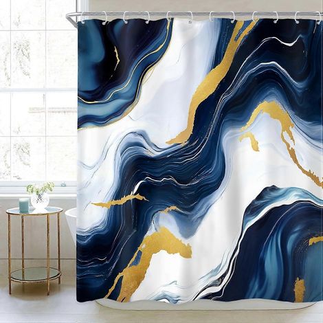 Rideau de douche effet marbre doré, bleu marine, 180 x 180 cm (L x l), motif abstrait, lignes craquelées, texture veinée, ensemble de salle de bain, esthétique, imperméable (1/5)