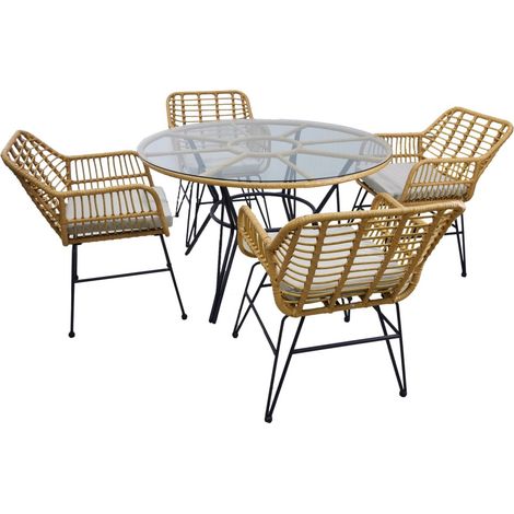 Salotto da giardino VALORIA 4 posti – Tavolo e 4 sedie in rattan marrone con cuscini grigi