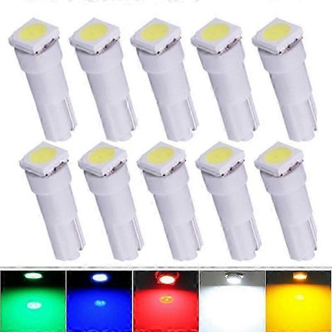 Lot de 10 ampoules LED T5 17, 37, 73 et 74 SMD 5050 pour tableau de bord de voiture (ampoules à culot W5050, 12 V, blanc, bleu, rouge, jaune, vert). (1/4)