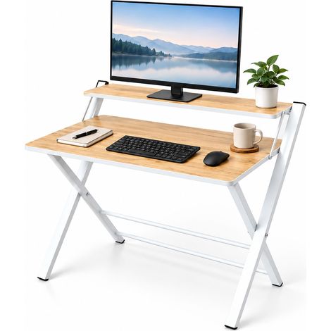 Relaxdays Desk, Monitor Riser, Folding, HWD: 82 x 70 x 56 cm, MDF, Metal, Folding Desk, Natural/White (1/5)