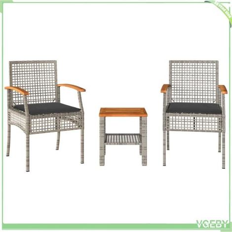 Ensemble de bistro 3 pcs - FAFEICY - 366260 - Résine tressée gris - Dessus acacia - Coussins amovibles (1/5)