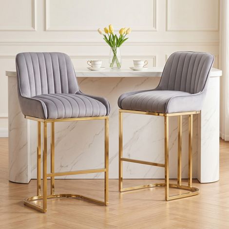 Wahson Tabouret de bar en velours gris – Lot de 2 – Coussin épais – Pieds en métal doré – Hauteur d'assise 67cm – Design contemporain, Gris