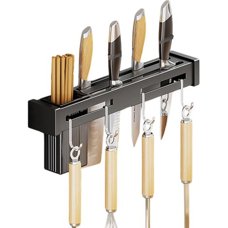 Porte-couteaux mural multifonctionnel en acier inoxydable, sans perçage, pour cuillères, couteaux, fourchettes et baguettes. (1/5)