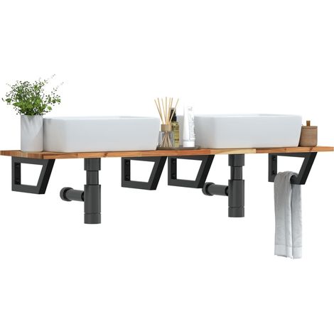 Étagère de vasque murale-Étagère murale-Étagère Suspendue acier et bois massif d'acacia 557968 (1/5)