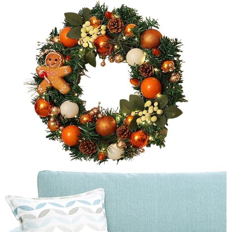 Couronne de Noël extérieure de 40 cm - Couronne de d'épices de ferme avec lumières pour la maison - Décoration de vacances réaliste pour entrée, porte d'entrée, fenêtre, cheminée, mur, intérieur (1/5)