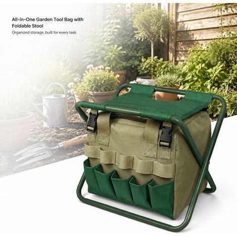 Toivize-Sac de Rangement MTP-661 - Tabouret Pliant 600D Oxford Vert 40x34x28cm - Sac Outils Jardin avec Poignées Confortables et Zips (1/4)
