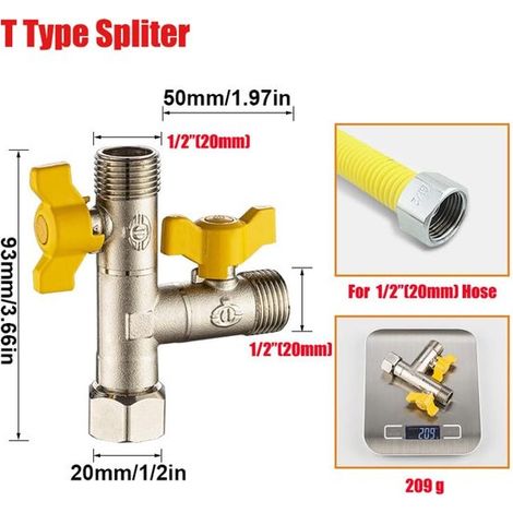 Válvula de bola de gas bidireccional, interruptor independiente bidireccional, grifo de 1/2 pulgada, válvula de bola de gas de latón tridireccional, adecuada para cocinas domésticas. (1/5)