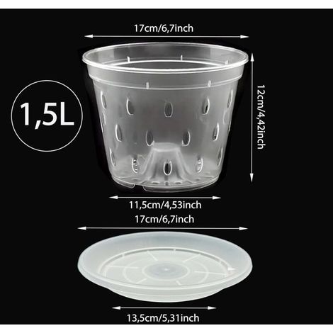 Lot de 10 Pots à orchidées Transparents avec Trou de Drainage de 17 cm de diamètre 1,5 l et 10 soucoupes en Plastique pour orchidées pour l'intérieur (1/3)