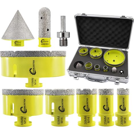 Foret Diamant Carrelage Kit - 9pcs (20/25/35/50/68/110mm+20mmFraise Diamant+50mmMèches de Chanfrein+Adaptateur) Scie Cloche Carrelage Céramique Porcelaine Marbre Granit M14 Filetage (1/5)