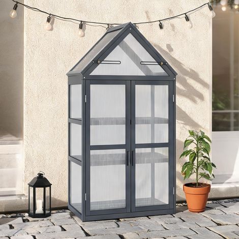 Serre Mini 3 Niveaux Bois Gris 70 x 42 x 132cm avec Toit Ouvrant (1/5)