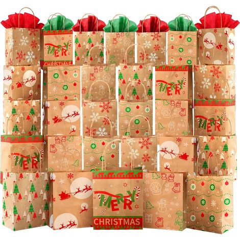 Sacs cadeaux de Noël, lot de 20, sacs de Noël durables avec papier de soie, 5 sacs cadeaux assortis avec poignées (1/5)