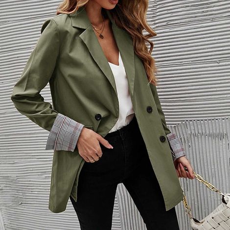 Veste de tailleur pour femme, vert armée, taille L, bouton de revers, poche, couleur unie, à carreaux, poignets roulés, manches longues. (1/4)