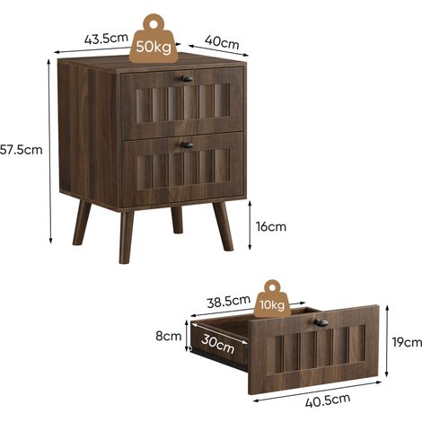 Table de chevet médiévale 2 tiroirs pieds bois massif. Dimensions 43, meuble de rangement pour chambre et couloir, 5 x 40 x 57, 5 cm