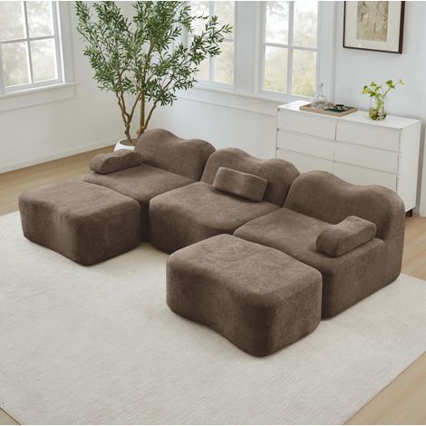Divano modulare a U 3 posti con 2 pouf, velluto marrone, 288 x 167 x 70 cm, OKWISH (1/5)