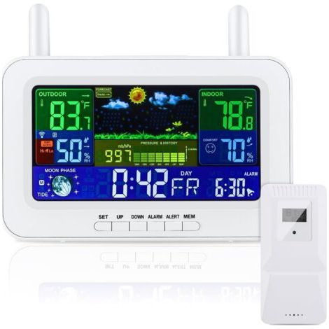 Station météo numérique sans Fil avec capteur extérieur, thermomètre intérieur et extérieur avec Temps, température, humidité, baromètre, réveil (Blanc) (1/5)