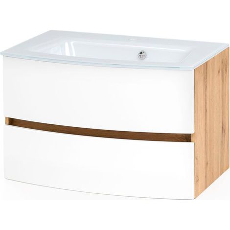 Badezimmer Waschtisch 80 cm Wotaneiche Nb. mit matt weiß LAURIA-03 inkl. Glaswaschbecken weiß, BxHxT: ca. 80x53x49 cm (1/5)