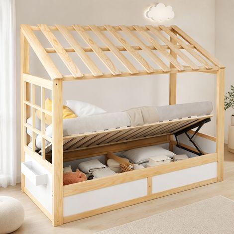 Lit cabane enfant 90x200 cm en bois blanc, gain de place, chambre enfant, sans matelas FloraGrace (1/5)
