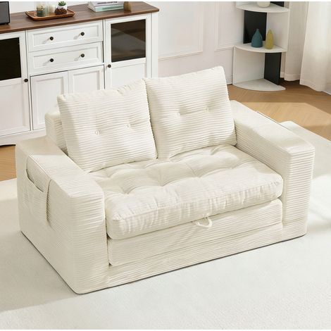 Sofá cama de 2 plazas beige en pana acanalada con bolsillos laterales y portavasos (1/5)