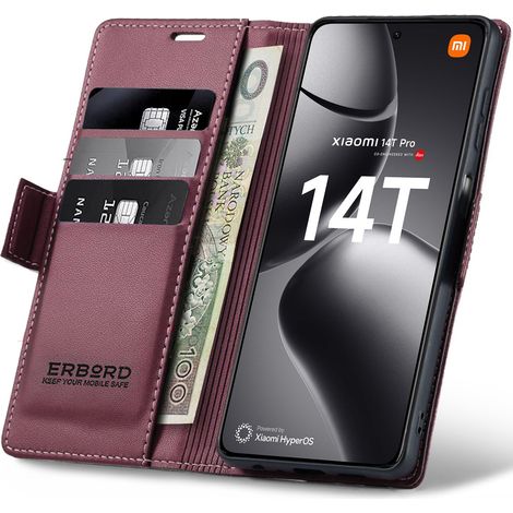 Funda Xiaomi 14T Pro, color lichi brillante, tipo cartera con tapa, color rojo. (1/5)