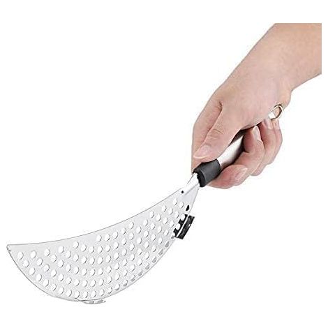 Colador universal de acero inoxidable para sartenes de cocina, colador duradero en forma de media luna (caja blanca con tapa abatible).