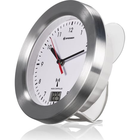 MyTime Bath horloge avec affichage température et horloge radiopilotée avec cadre aluminium brossé, ventouse et support pour montage sur la table, blanc/argenté (1/5)