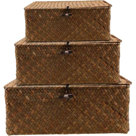 Set aus 3 Aufbewahrungskörben mit Deckel, Aufbewahrungskorb aus Rattan, Aufbewahrungskorb aus natürlichem Seegrasgeflecht, multifunktionale Aufbewahrungsbox (B) (1/5)