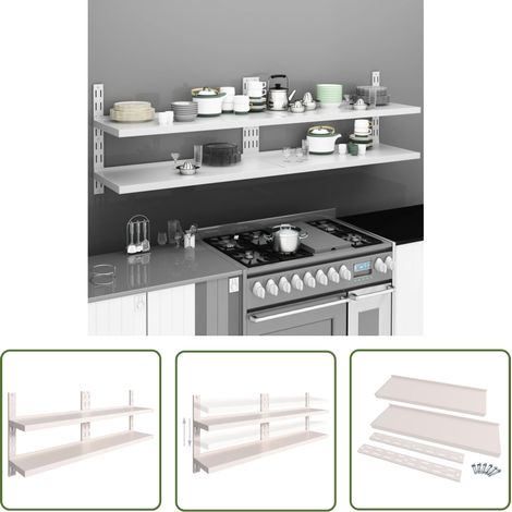 The Living Store Étagères murales flottantes à 2 niveaux 2 pcs Inox 200x30 cm - Étagères Murales - Étagères De Cuisine - Rangement Mural - Espace De Rangement - Inox (1/5)