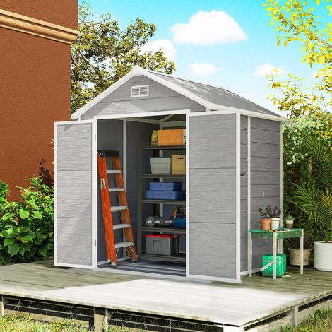 Abri de jardin - portes verrouillables - gris - ouvertures de ventilation - plastique - fenêtres - abri à outils avec sol - aspect bois