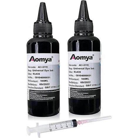 Lot de 2 Noir 100ml x 2 flacons de Recharge d'encre colorante Universelle pour imprimantes HP Canon Epsn Brother Lexmark Cartouches Rechargeables Système CISS CIS avec seringue Gratuite (1/5)
