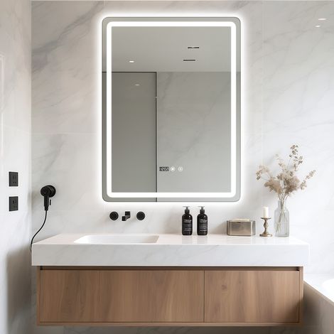 FLASIDU - Miroir de salle de bain mural avec interrupteur tactile LED, fonction antibuée, éclairage avant et arrière, 80 × 60 × 3 cm (1/5)