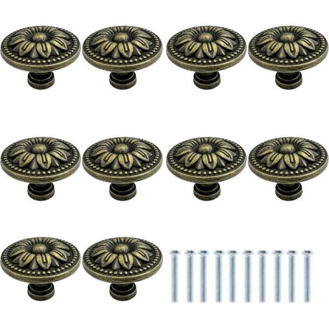 Set di 10 pomelli rotondi in bronzo anticato con decorazioni floreali - 35 mm - Vintage - Per cassetti di mobili da cucina - Maniglia in bronzo per cassetti (1/4)