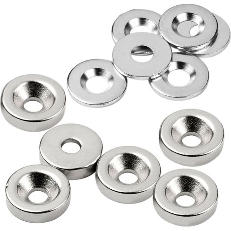 vasalat Magnet rund, Scheibenmagnet mit Metallscheibe mit Senkbohrung, Rundmagnet ø 15mm, Neodym vernickelt 12-teilig