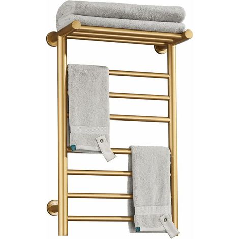 royaluxe -Radiat Sèche-Serviette Électrique, Chauffe-Serviettes À 7 Barres Doré avec Étagère Supérie, Porte-Serviettes Chauffant en Fibre De Carbone en Mural, 72 45 25cm (Plug in) (1/4)