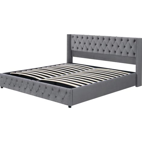 Letto contenitore imbottito grigio 140x200 cm con rete a doghe, testiera capitonné, MODENUIT (1/5)