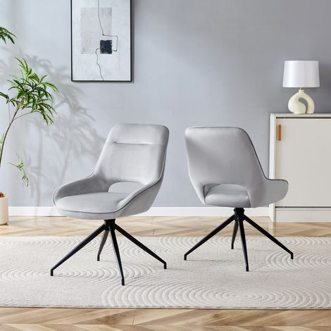Lot de 2 Chaises de Salle à Manger Pivotantes 360° Fauteuils Velours Gris Clair Pieds Métal Noir avec Accoudoirs (1/5)