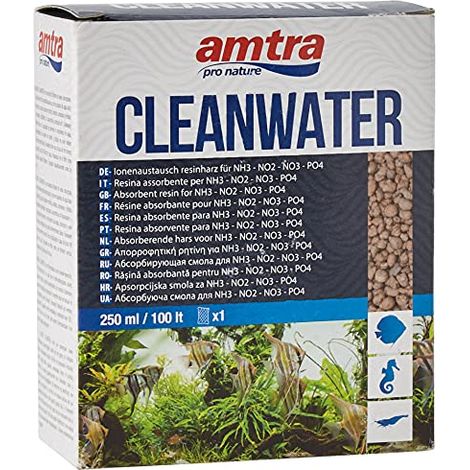 Amtra Cleanwater - Resina Assorbente per inquinanti organici (NH3 NO2 NO3 PO4) in acquari d'Acqua Dolce e Marina, Formato 250 ml (1/4)