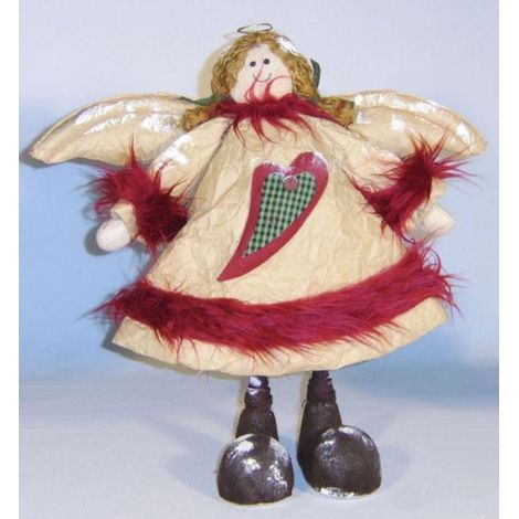 Ángel con botas de piel beige y rojas: manualidades con papel, lienzo e hilo.