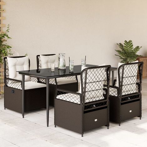 Salon de jardin 5 pièces, poly rotin, table en verre, fauteuils inclinables, noir et marron - PANGIVO (1/5)