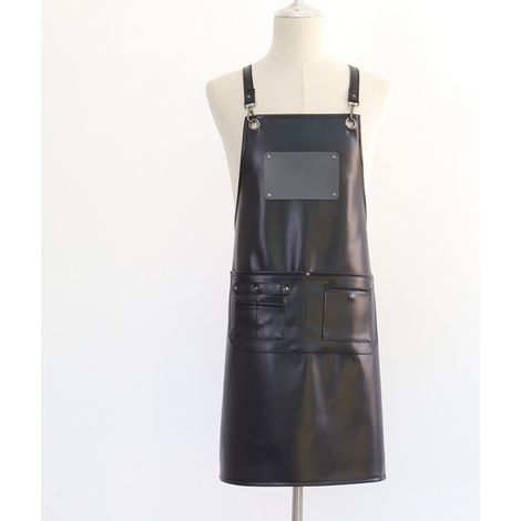 Tablier en cuir PU imperméable avec surface brillante oléofuge, tablier de protection noir facile à nettoyer pour les coiffeurs, les cuisines, la transformation des produits de la mer et les ateliers. (1/4)