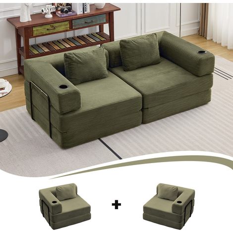 Sofá cama convertible de 200 cm de pana – 2 portavasos, 2 cojines, verde (1/5)