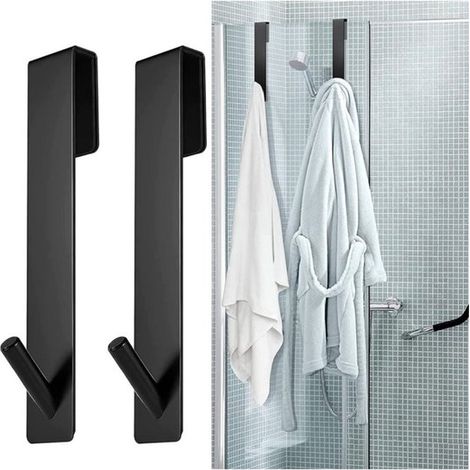 Set mit 2 Duschkabinen-/Handtuchhaken – Bohrfreie Montage – Schwarz – 16,5 x 2,5 cm – Geeignet für rahmenlose Glasduschtüren mit einer Stärke von weniger als 12 mm